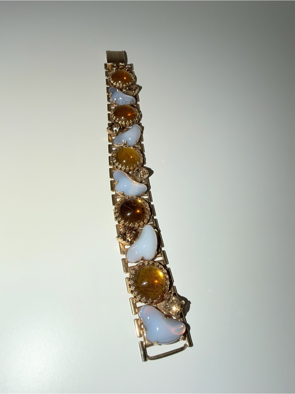 Vtg Gold-Plated MoonStone Cabochon Citrine Free Form Faux Gemstone Deco Bracelet
